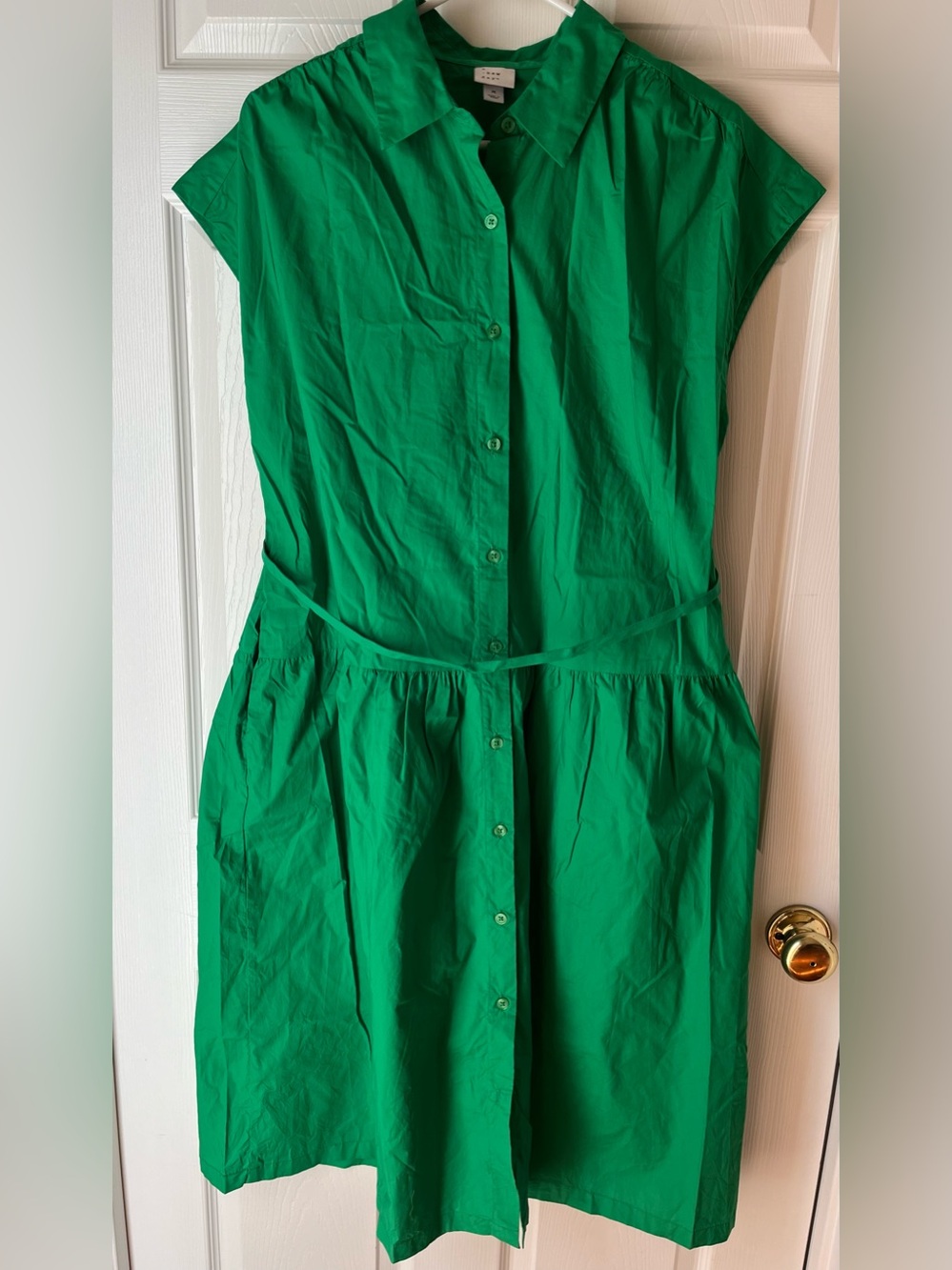 100% Cotton Bright Green Button-Front Midi Dress